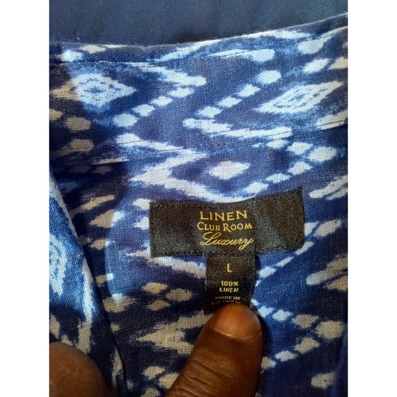 Club Room Luxury Shirt Mens Sz Large Blue Aztec Native Print 100% Linen Camp - Picture 4 of 5